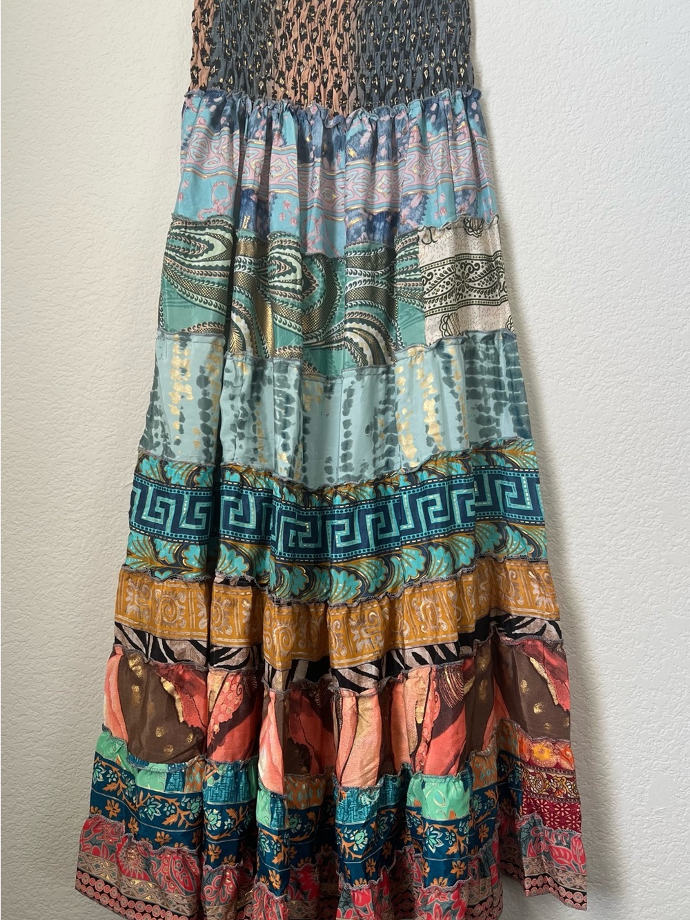 Boho Tiered Maxi Skirt in Teal Multicolor Patchwork - Picture 2 of 9